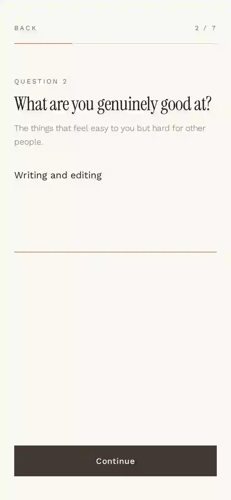 Sellable question: What are you genuinely good at? — answered Writing, editing and making messages clearer.