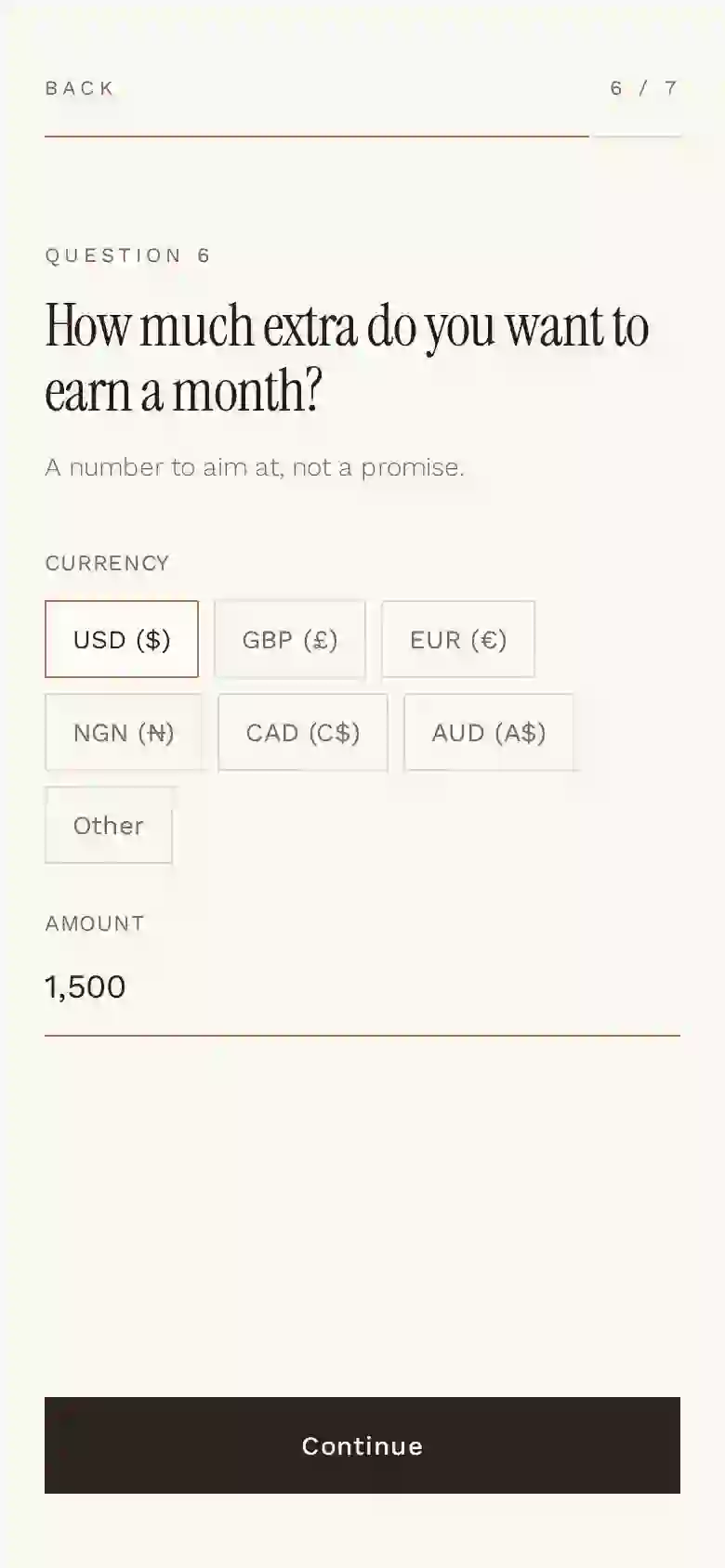 Sellable question: How much additional income would you like to create? — answered $1,500/month